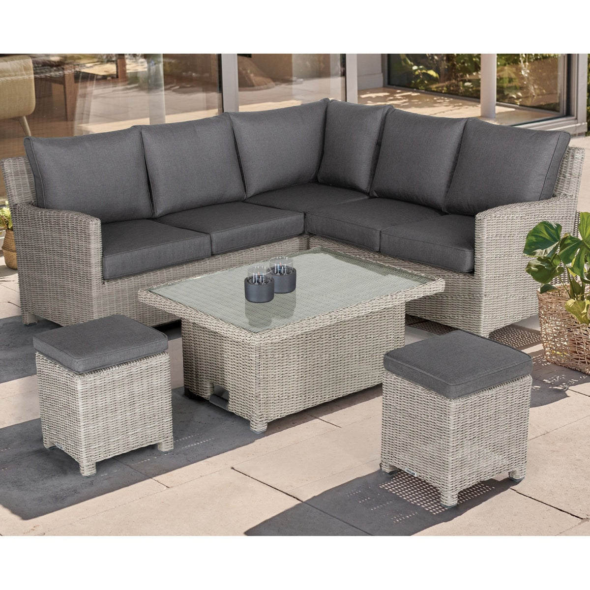 Kettler Palma Signature Mini Corner White Wash Wicker Sofa Set with High Low Glass Top Table