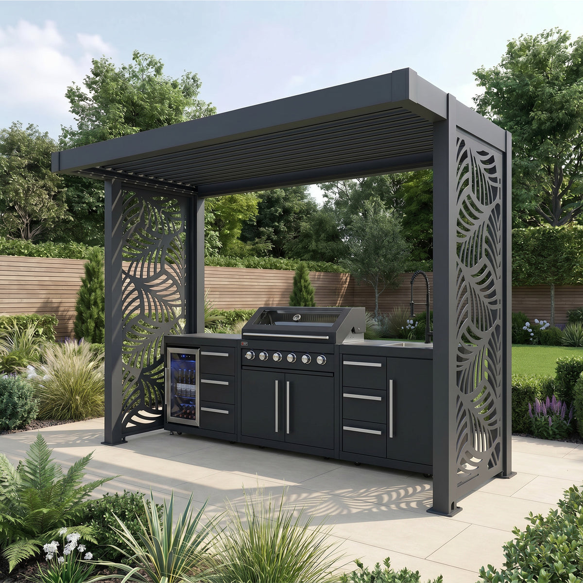 Bracken Outdoors Grey Aluminium BBQ Pergola with Botanica Back and Side Panels