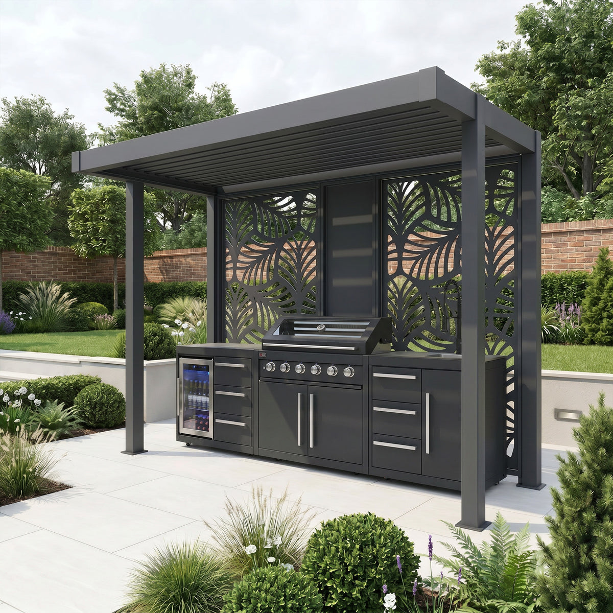 Bracken Outdoors Grey Aluminium BBQ Pergola with Botanica Back and Side Panels