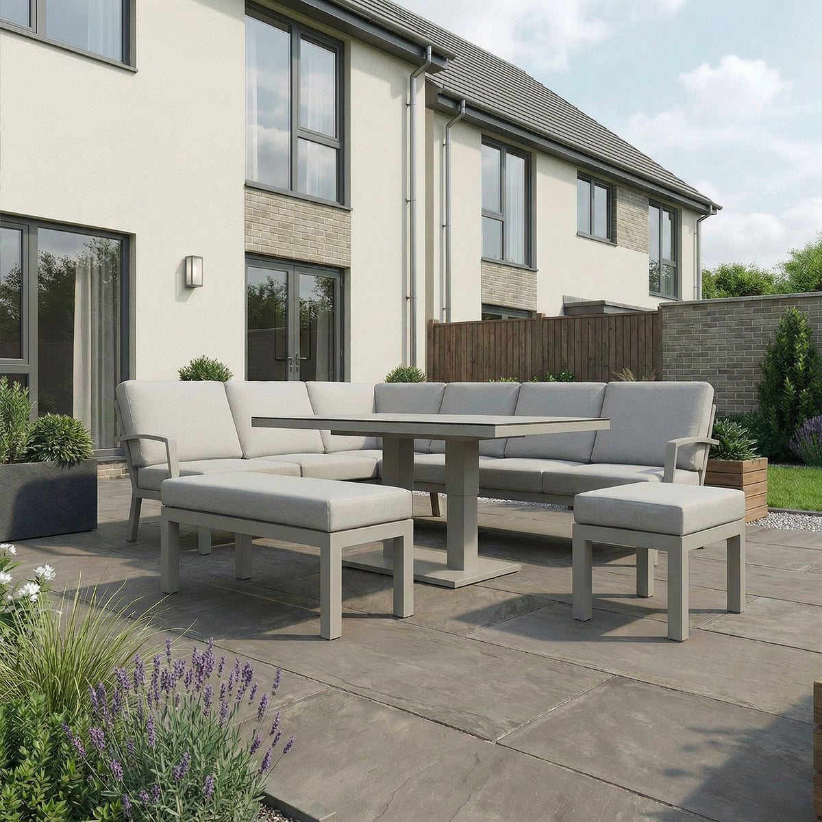 Bracken Outdoors Miami Stone Aluminium Rectangular Corner Set with Adjustable Table, Bench & Stool