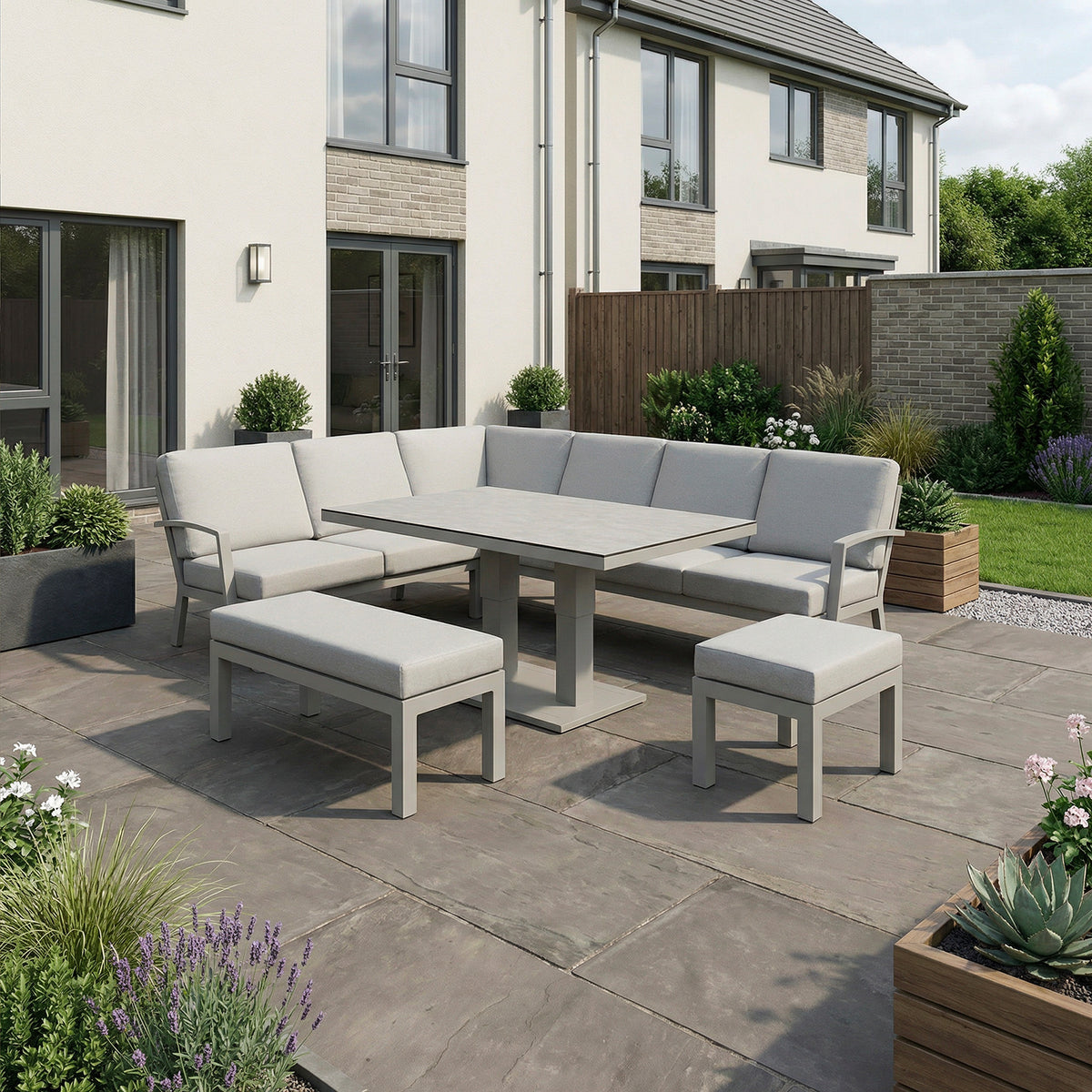 Bracken Outdoors Miami Stone Aluminium Rectangular Corner Set with Adjustable Table, Bench & Stool