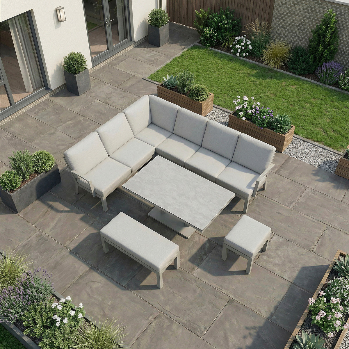 Bracken Outdoors Miami Stone Aluminium Rectangular Corner Set with Adjustable Table, Bench & Stool