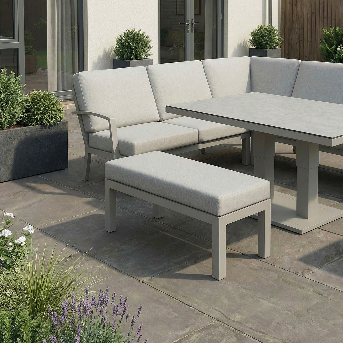 Bracken Outdoors Miami Stone Aluminium Rectangular Corner Set with Adjustable Table, Bench & Stool