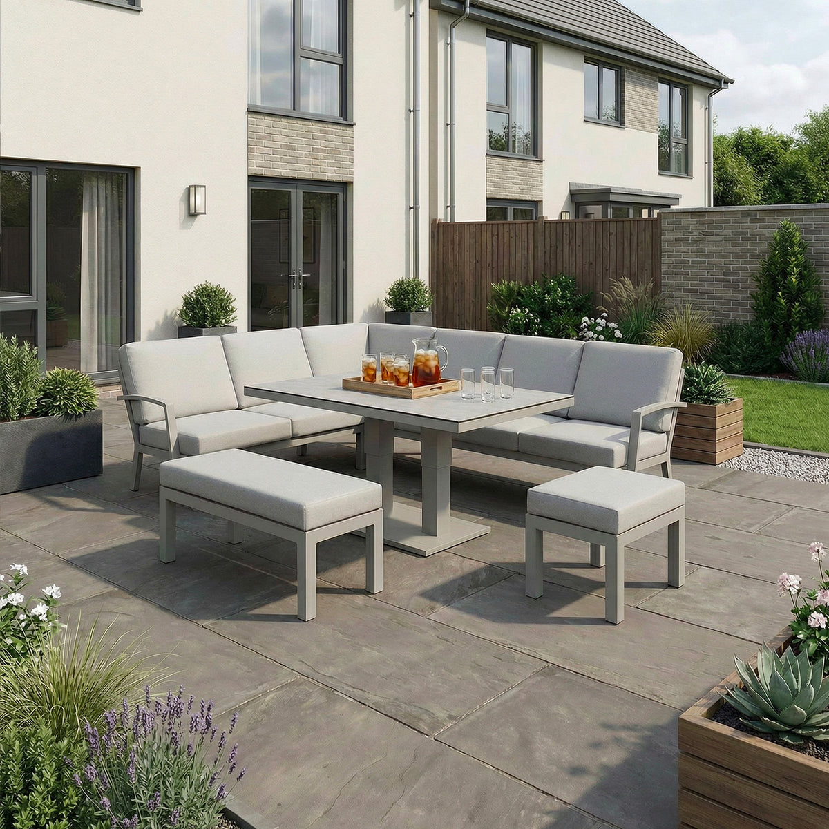 Bracken Outdoors Miami Stone Aluminium Rectangular Corner Set with Adjustable Table, Bench & Stool