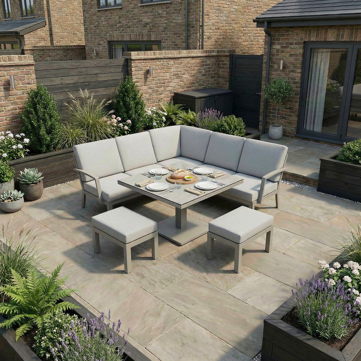 Bracken Outdoors Miami Stone Aluminium Compact Corner Set with Adjustable Table & Stools