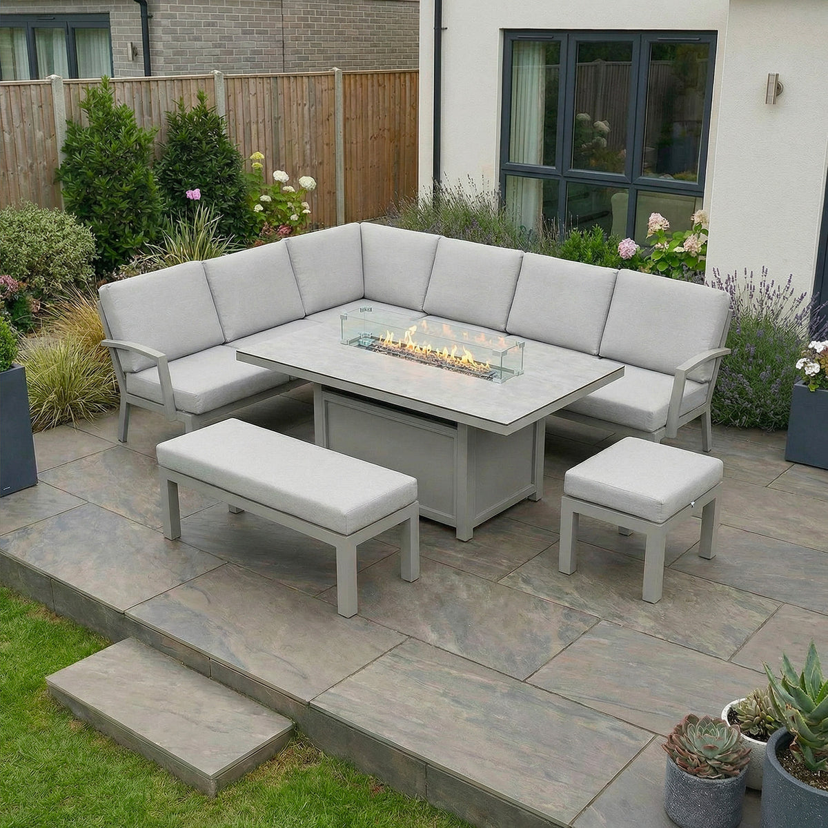 Bracken Outdoors Miami Stone Aluminium Rectangular Corner Set with Firepit Table, Bench & Stool