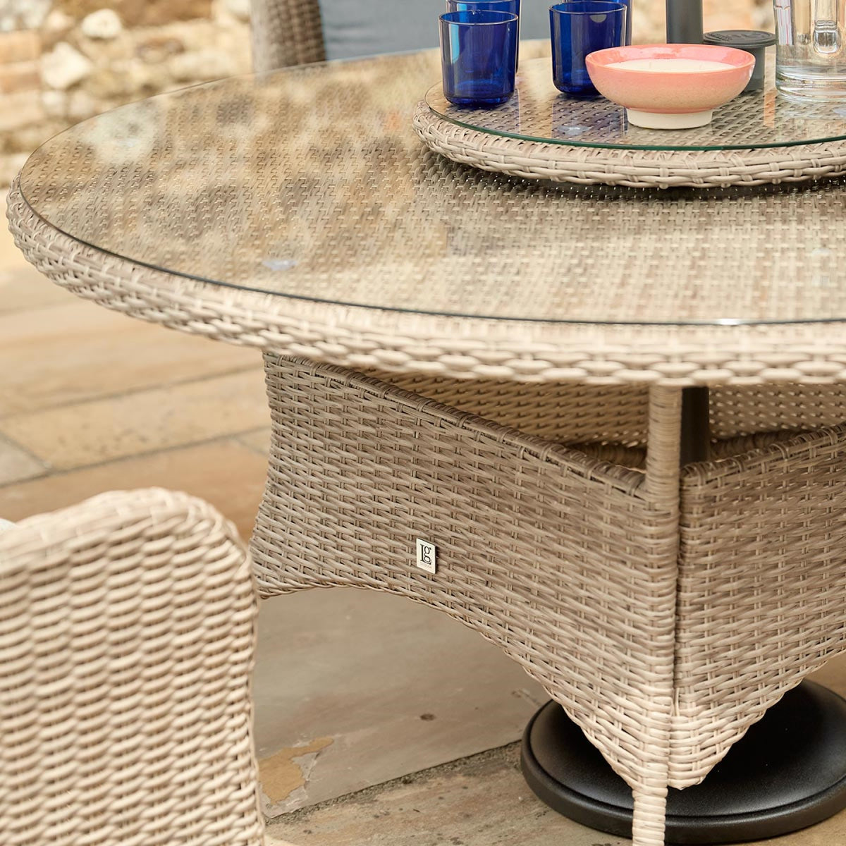 LG Outdoor Monte Carlo Sand Rattan Weave 6 Seat Garden Furniture Dining Set with Lazy Susan
