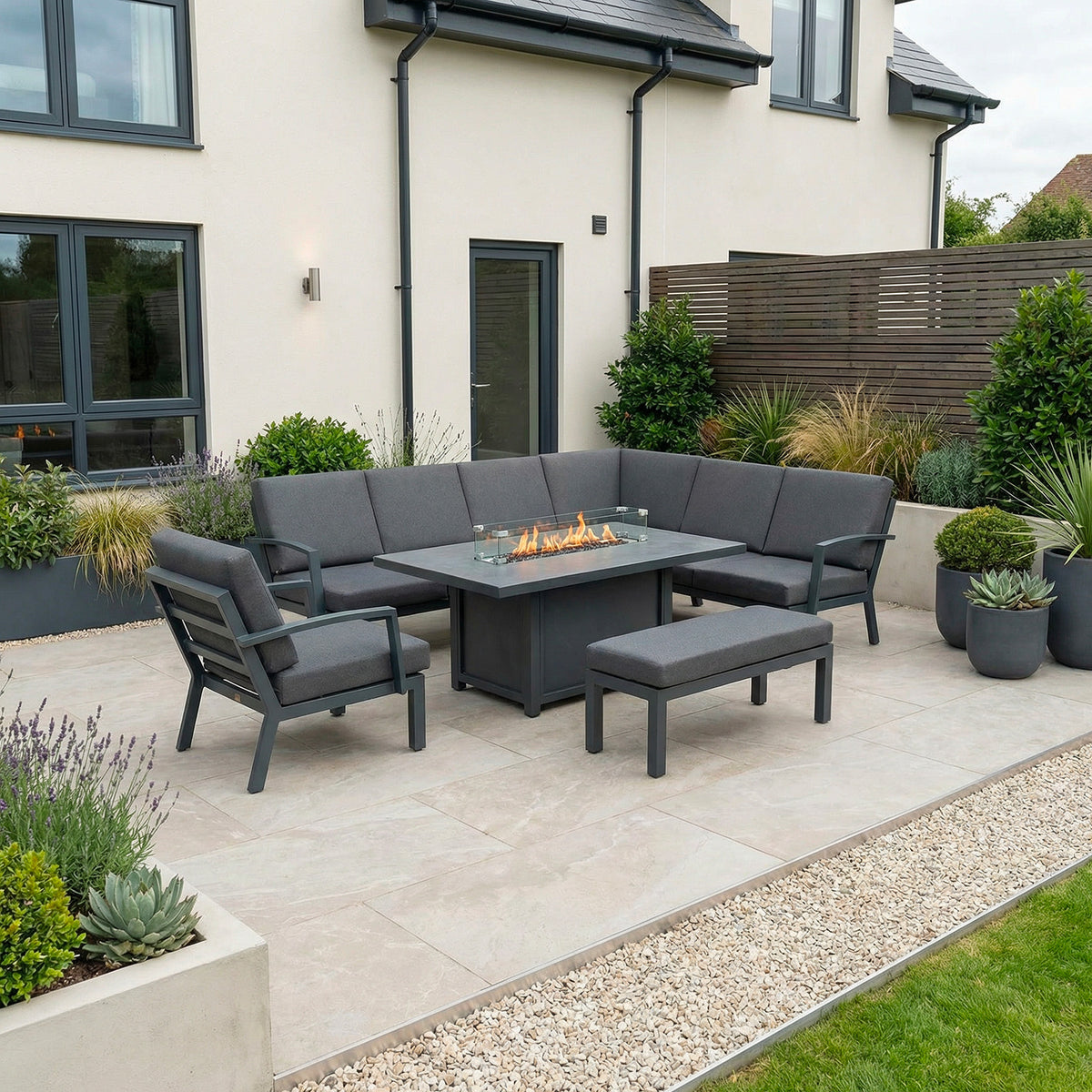 Bracken Outdoors Miami Dark Aluminium Rectangular Corner Set with Firepit Table, Bench and Arm Chair