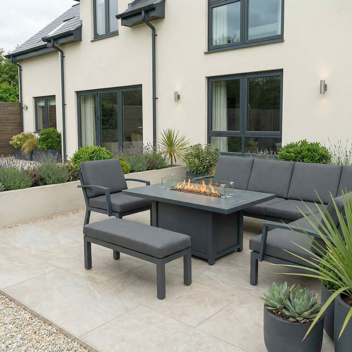 Bracken Outdoors Miami Dark Aluminium Rectangular Corner Set with Firepit Table, Bench and Arm Chair