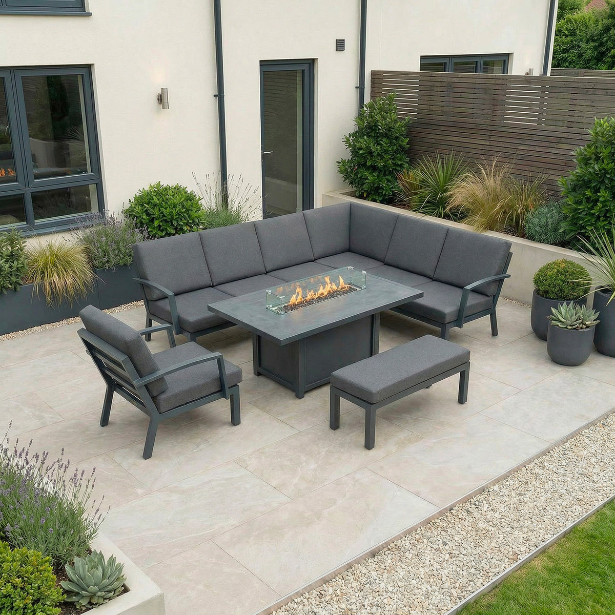 Bracken Outdoors Miami Dark Aluminium Rectangular Corner Set with Firepit Table, Bench and Arm Chair