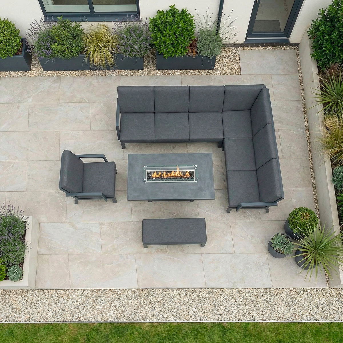 Bracken Outdoors Miami Dark Aluminium Rectangular Corner Set with Firepit Table, Bench and Arm Chair