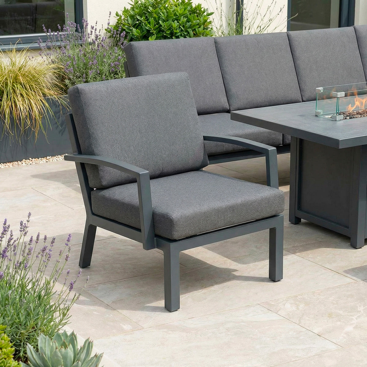 Bracken Outdoors Miami Dark Aluminium Rectangular Corner Set with Firepit Table, Bench and Arm Chair
