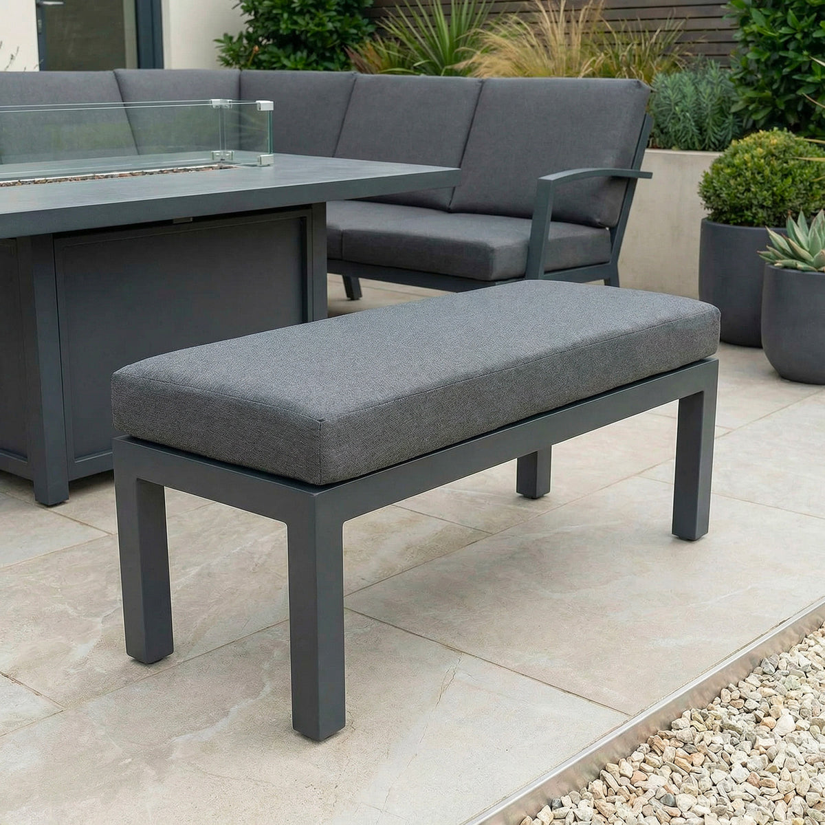 Bracken Outdoors Miami Dark Aluminium Rectangular Corner Set with Firepit Table, Bench and Arm Chair