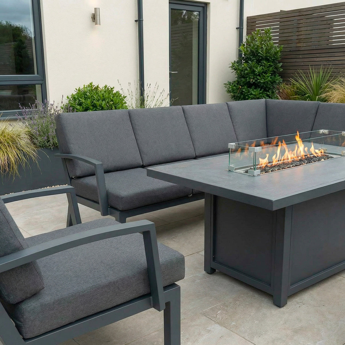 Bracken Outdoors Miami Dark Aluminium Rectangular Corner Set with Firepit Table, Bench and Arm Chair