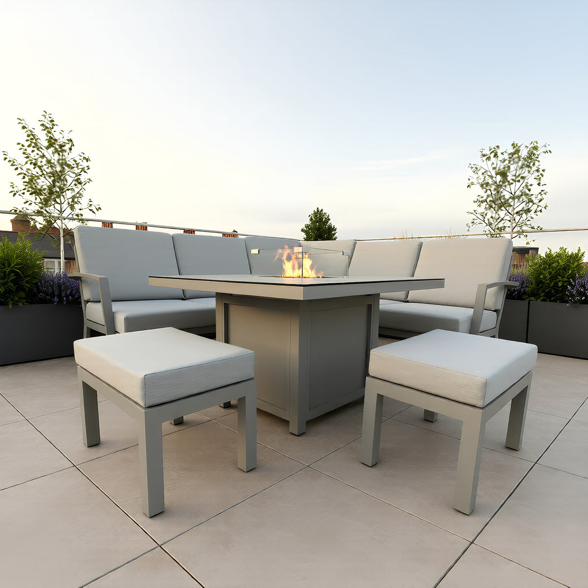 Bracken Outdoors Miami Stone Aluminium Compact Corner Set with Gas Fire Pit Table & Stools