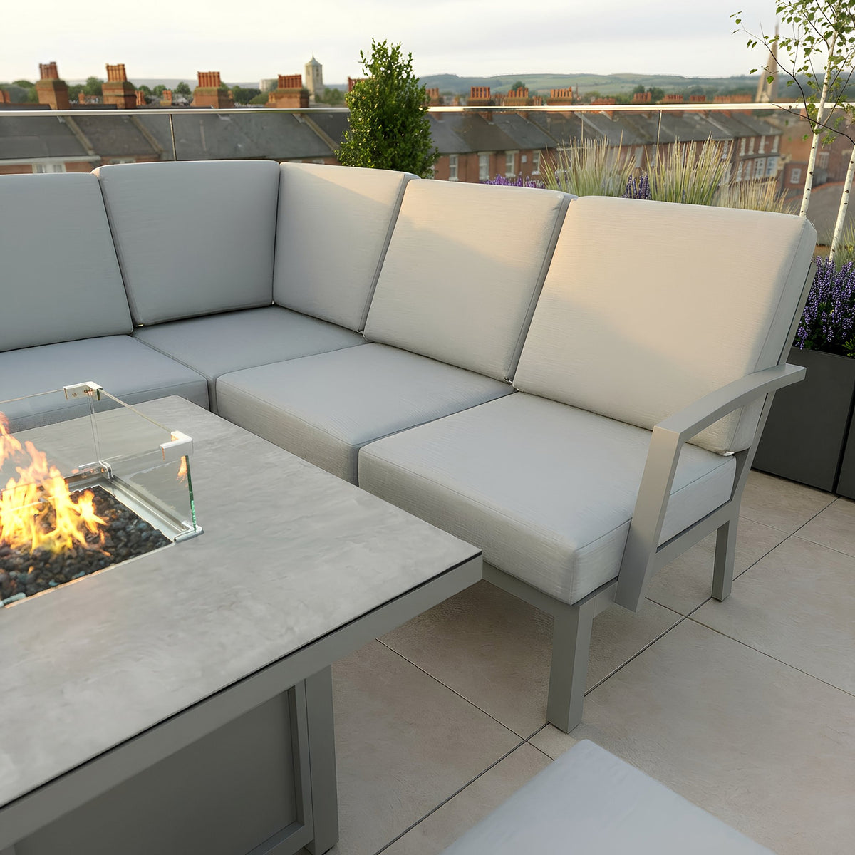 Bracken Outdoors Miami Stone Aluminium Compact Corner Set with Gas Fire Pit Table & Stools