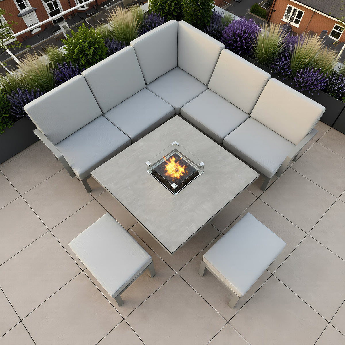 Bracken Outdoors Miami Stone Aluminium Compact Corner Set with Gas Fire Pit Table & Stools