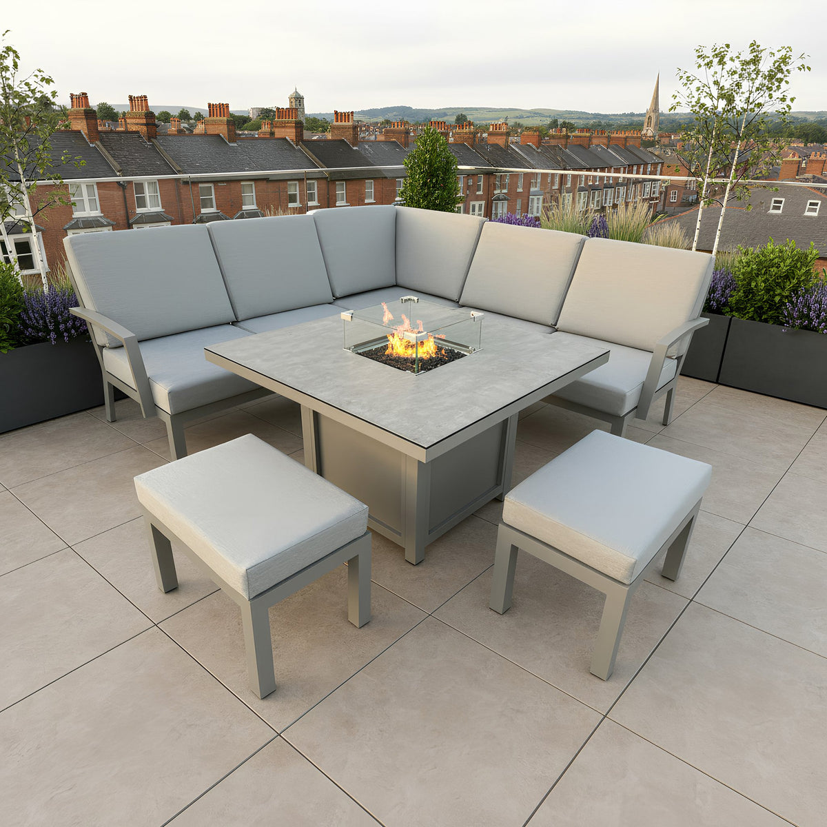 Bracken Outdoors Miami Stone Aluminium Compact Corner Set with Gas Fire Pit Table & Stools