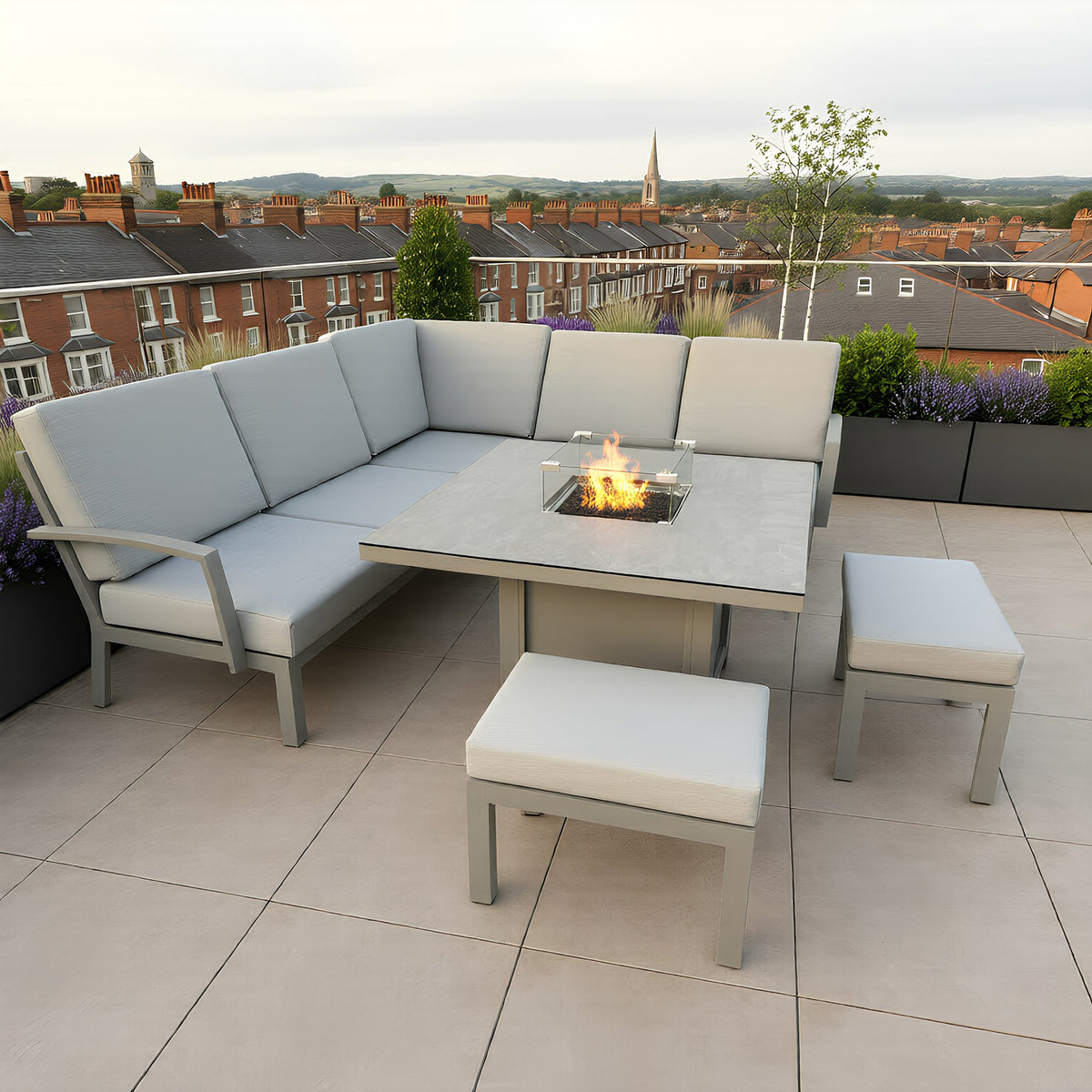 Bracken Outdoors Miami Stone Aluminium Compact Corner Set with Gas Fire Pit Table & Stools
