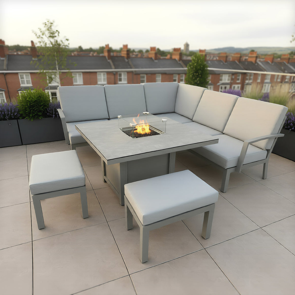 Bracken Outdoors Miami Stone Aluminium Compact Corner Set with Gas Fire Pit Table & Stools
