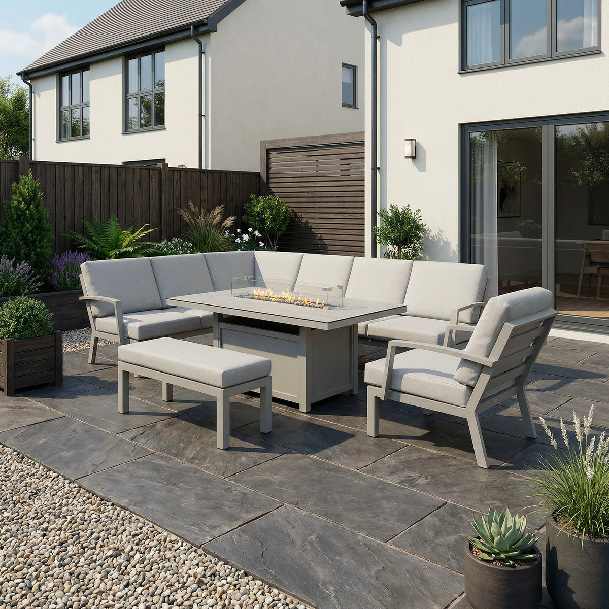 Bracken Outdoors Miami Stone Aluminium Rectangular Corner Set with Firepit Table, Bench & Arm Chair