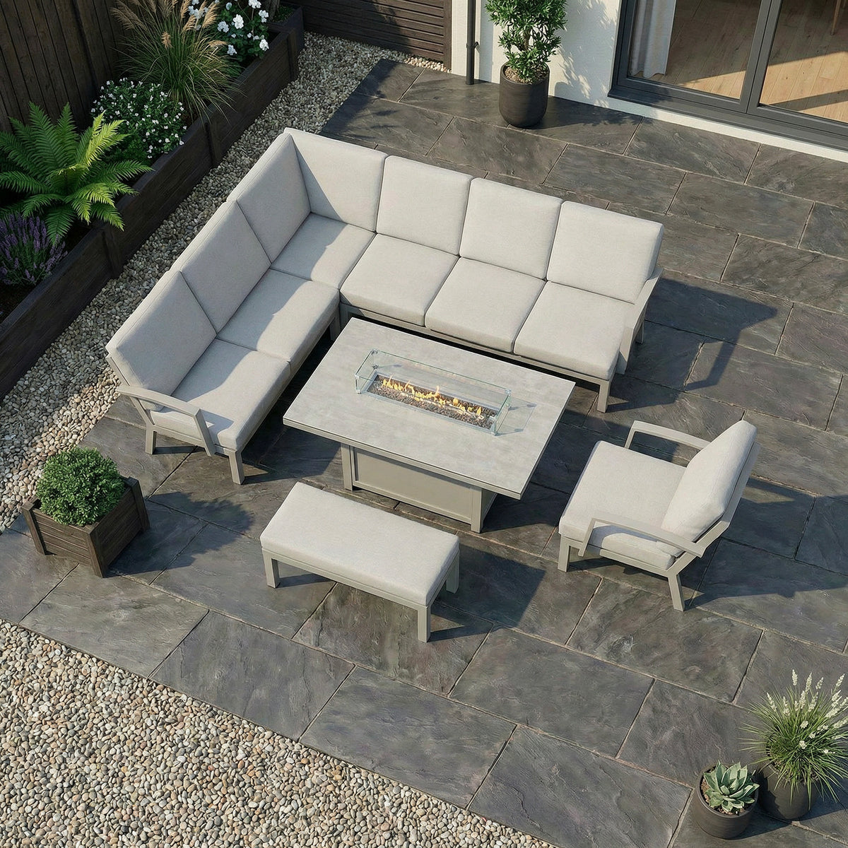 Bracken Outdoors Miami Stone Aluminium Rectangular Corner Set with Firepit Table, Bench & Arm Chair