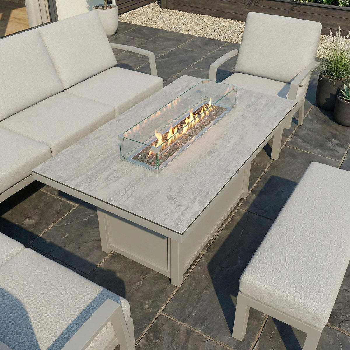 Bracken Outdoors Miami Stone Aluminium Rectangular Corner Set with Firepit Table, Bench & Arm Chair