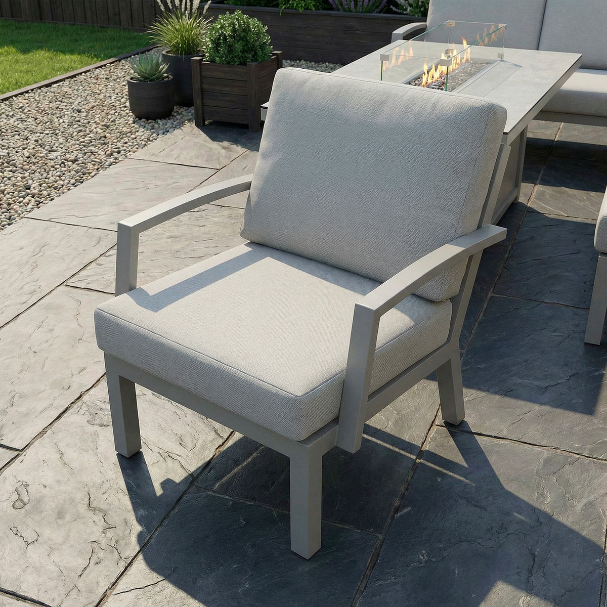 Bracken Outdoors Miami Stone Aluminium Rectangular Corner Set with Firepit Table, Bench & Arm Chair