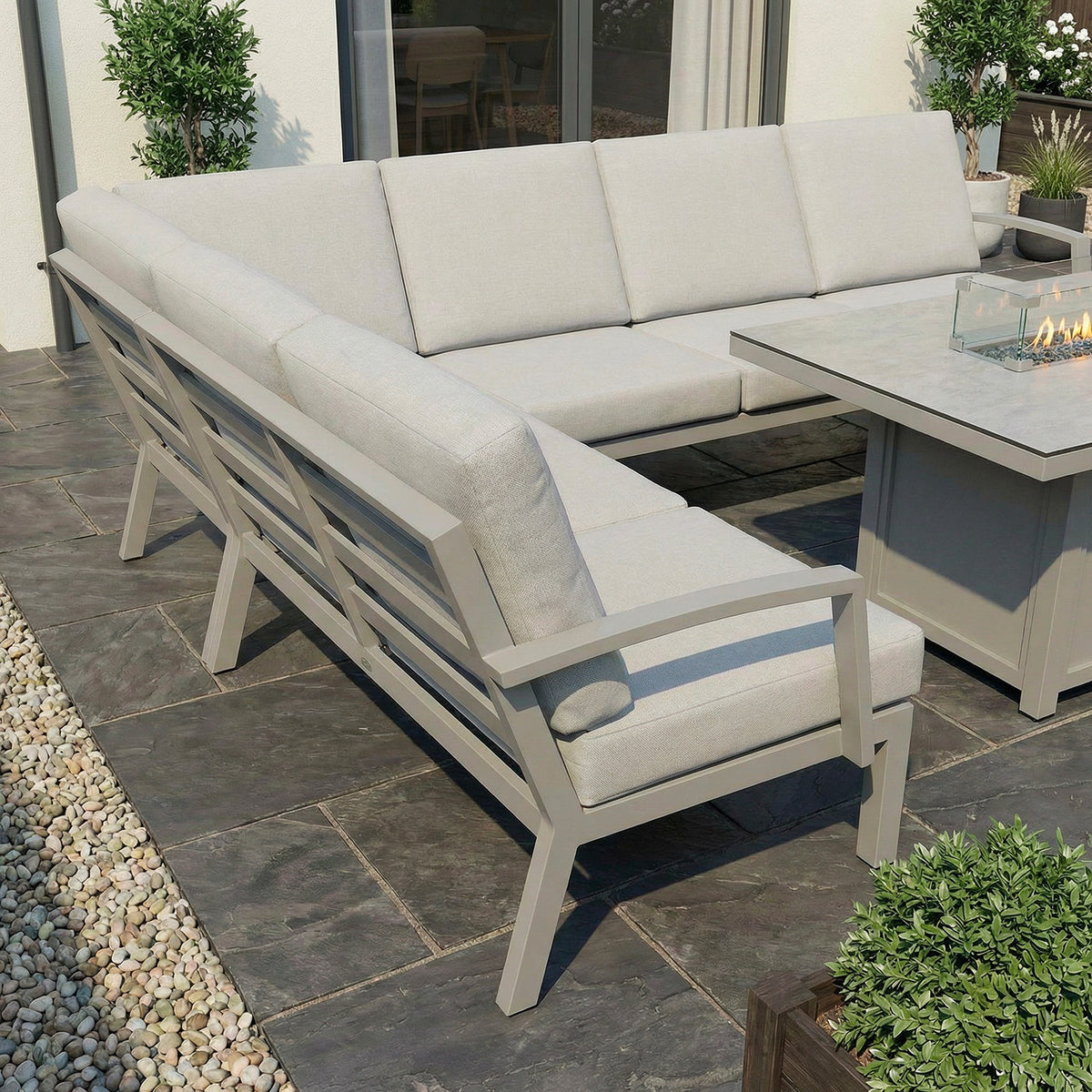 Bracken Outdoors Miami Stone Aluminium Rectangular Corner Set with Firepit Table, Bench & Arm Chair