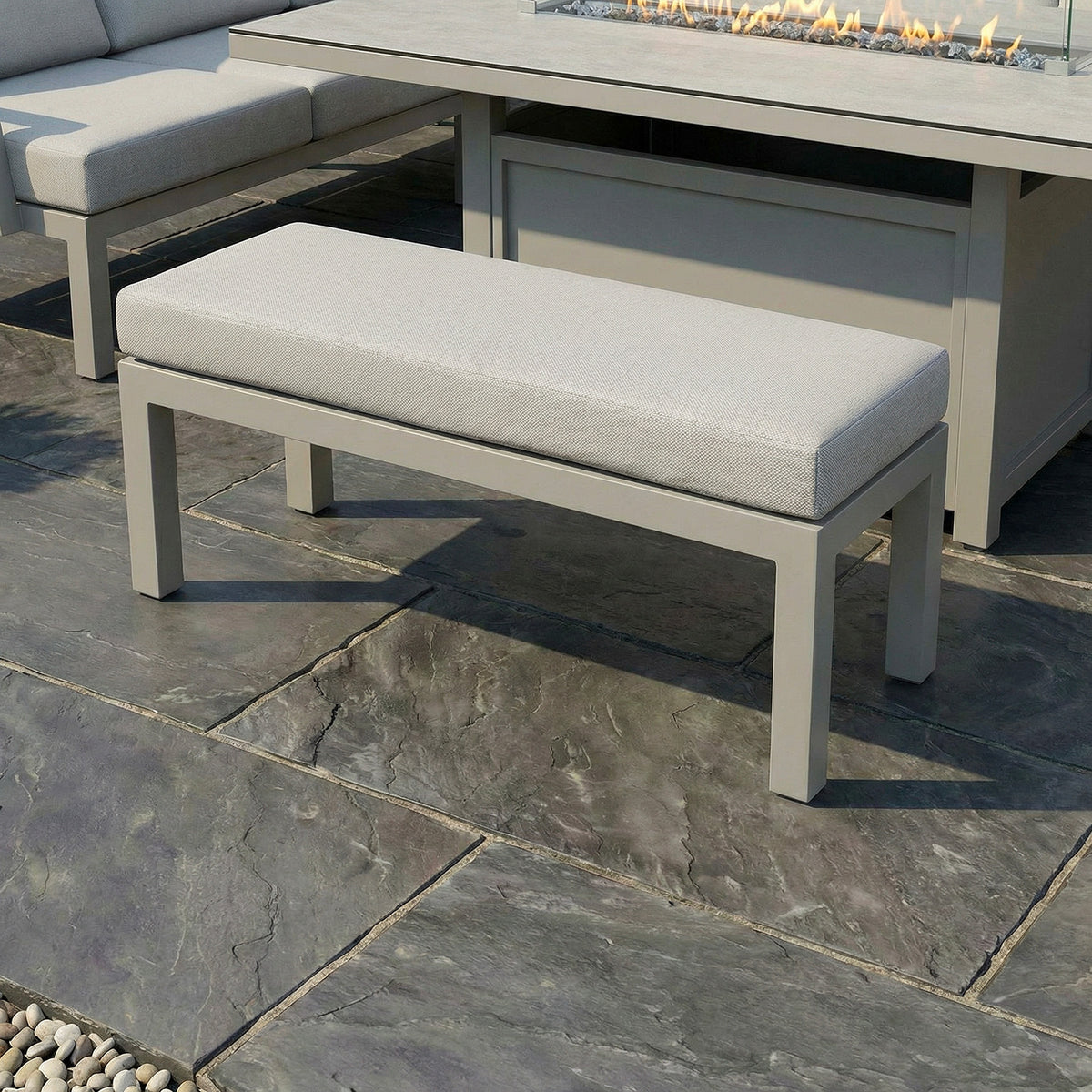 Bracken Outdoors Miami Stone Aluminium Rectangular Corner Set with Firepit Table, Bench & Arm Chair