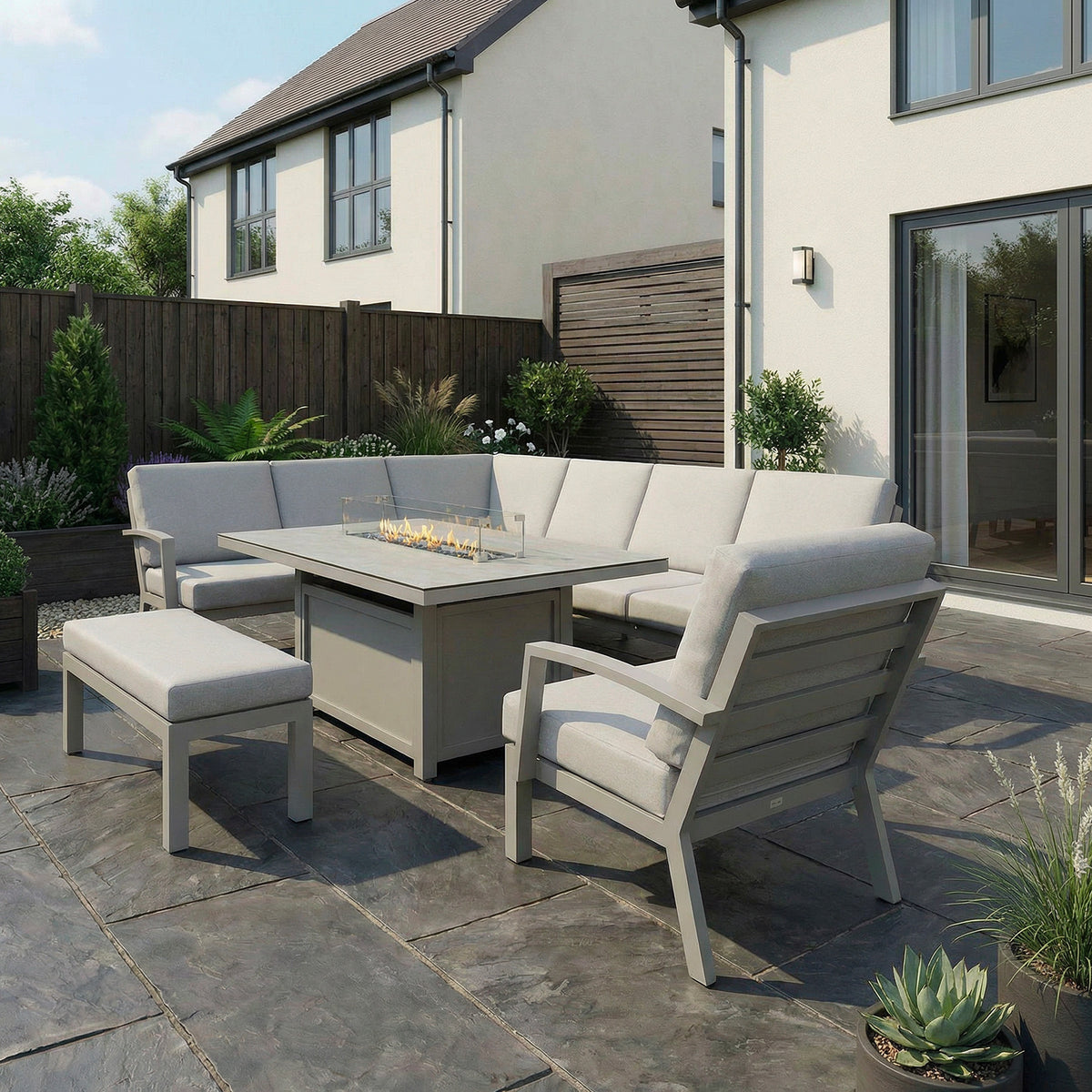 Bracken Outdoors Miami Stone Aluminium Rectangular Corner Set with Firepit Table, Bench & Arm Chair