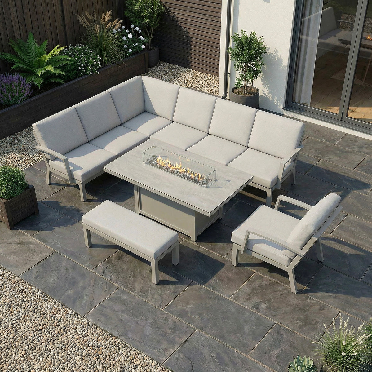 Bracken Outdoors Miami Stone Aluminium Rectangular Corner Set with Firepit Table, Bench & Arm Chair