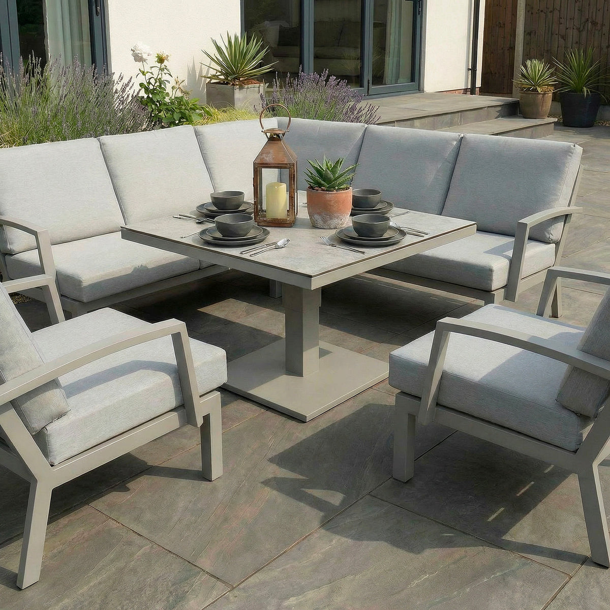 Bracken Outdoors Miami Stone Aluminium Compact Corner Set with Adjustable Table & Armchairs