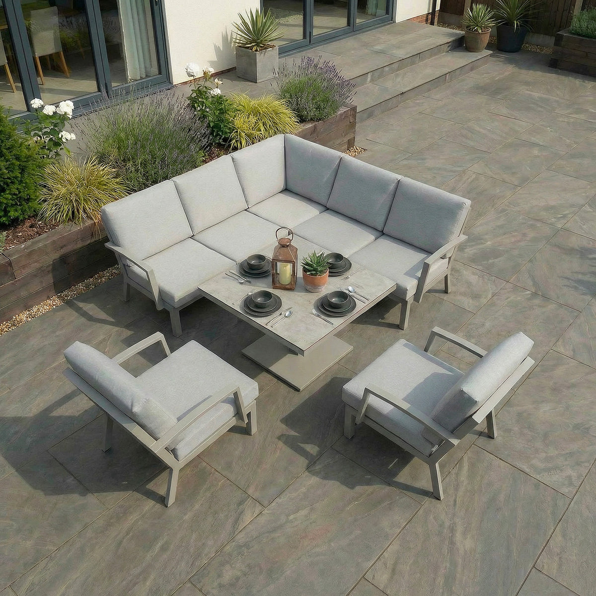 Bracken Outdoors Miami Stone Aluminium Compact Corner Set with Adjustable Table & Armchairs
