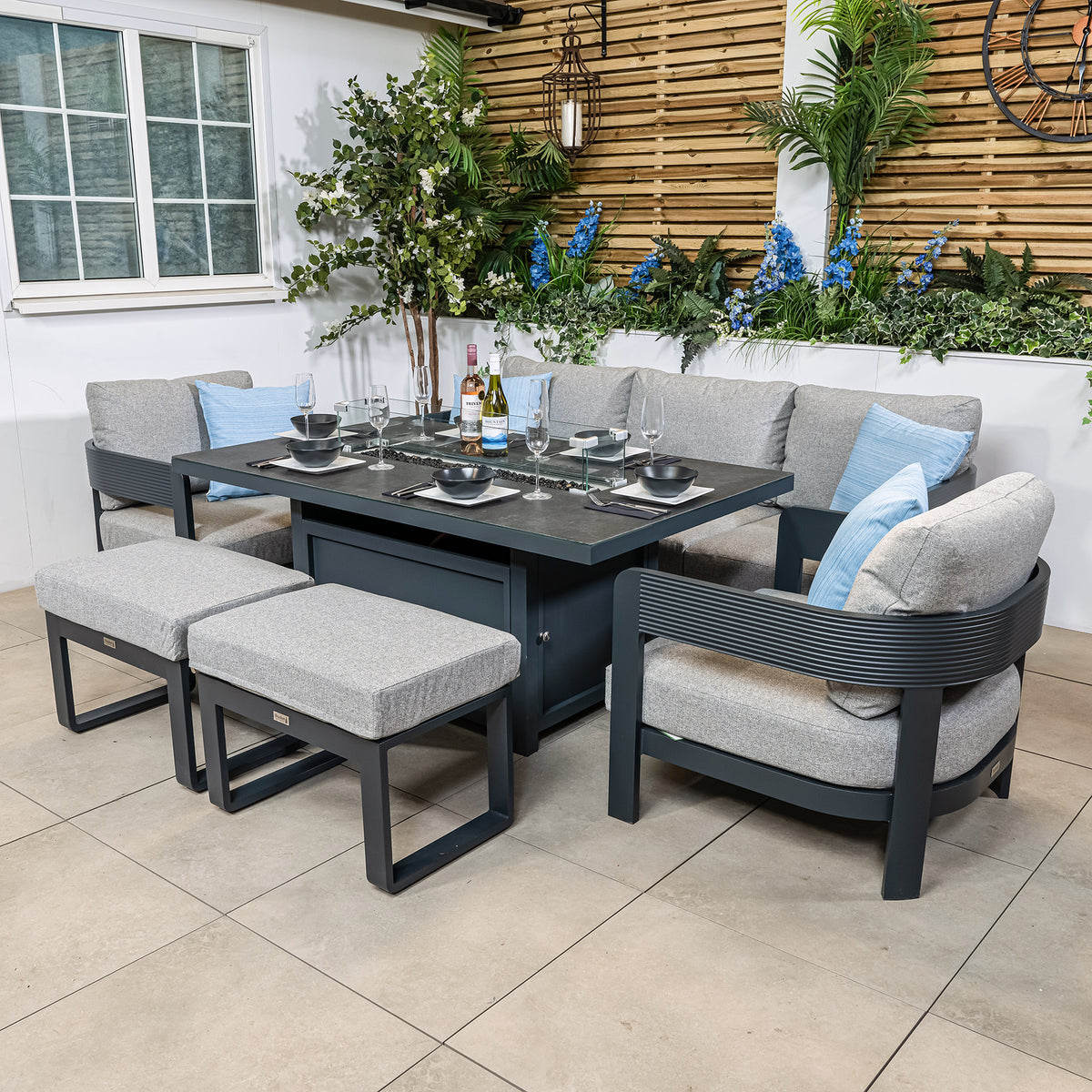 Bracken Outdoors Nevada Anthracite Ripple Aluminium Lounge Sofa Set with Fire Pit Table
