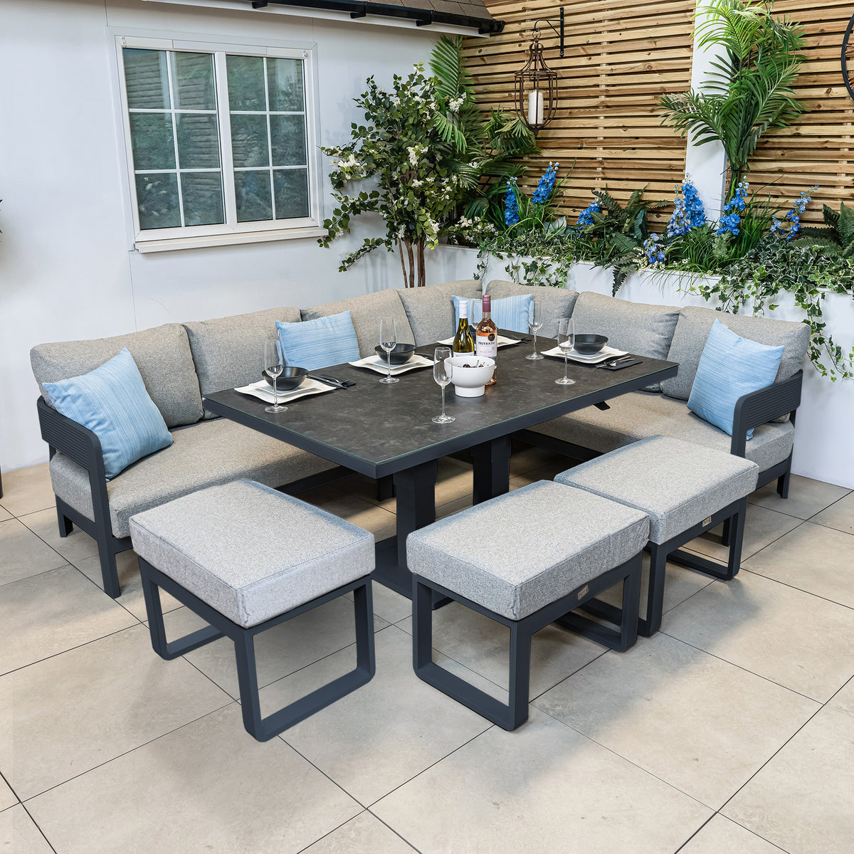 Bracken Outdoors Nevada Anthracite Ripple Aluminium Rectangular Corner Sofa Set with Height Adjustable Table