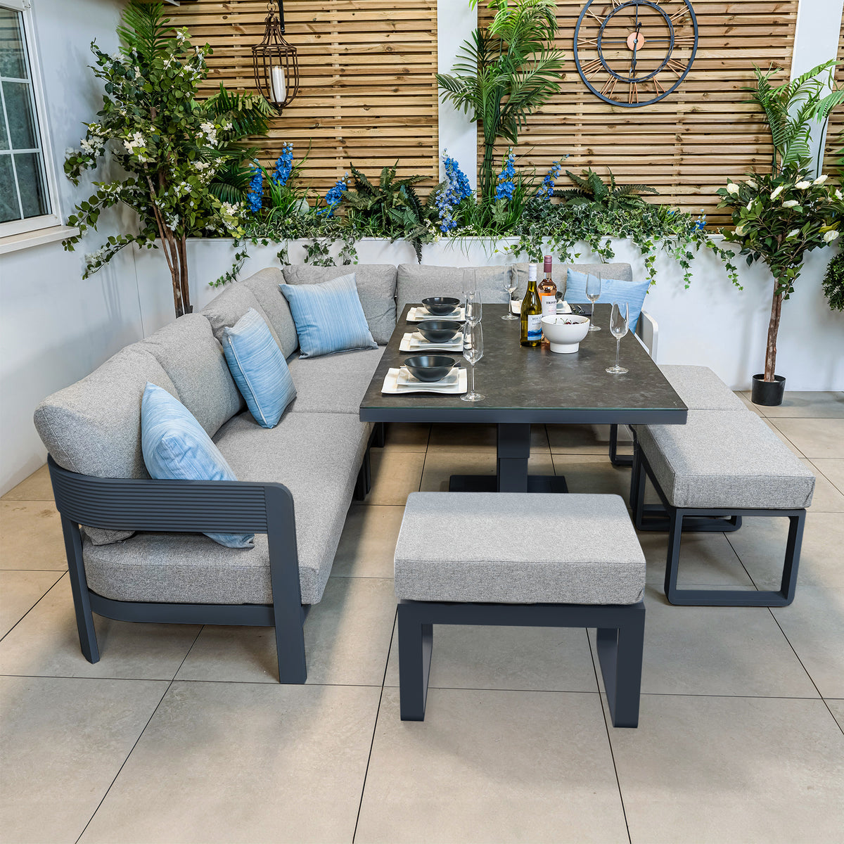 Bracken Outdoors Nevada Anthracite Ripple Aluminium Rectangular Corner Sofa Set with Height Adjustable Table