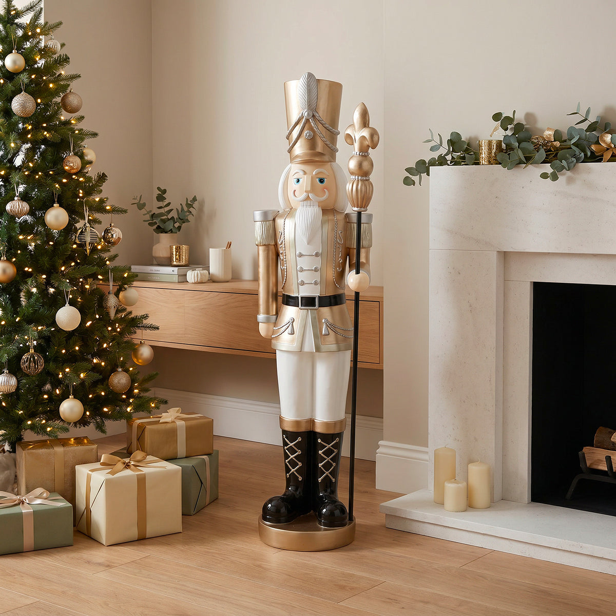 5ft Large Traditional Christmas Nutcracker Soldier Champagne Gold and White with LED Lights