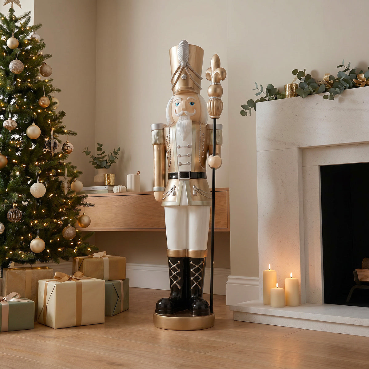 5ft Large Traditional Christmas Nutcracker Soldier Champagne Gold and White with LED Lights