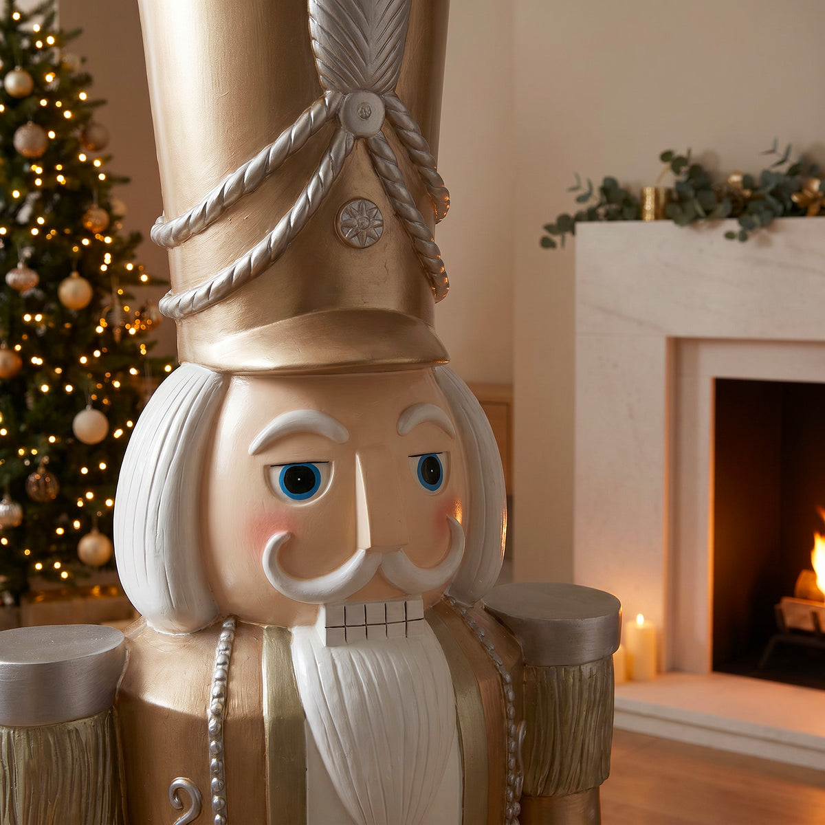 5ft Large Traditional Christmas Nutcracker Soldier Champagne Gold and White with LED Lights