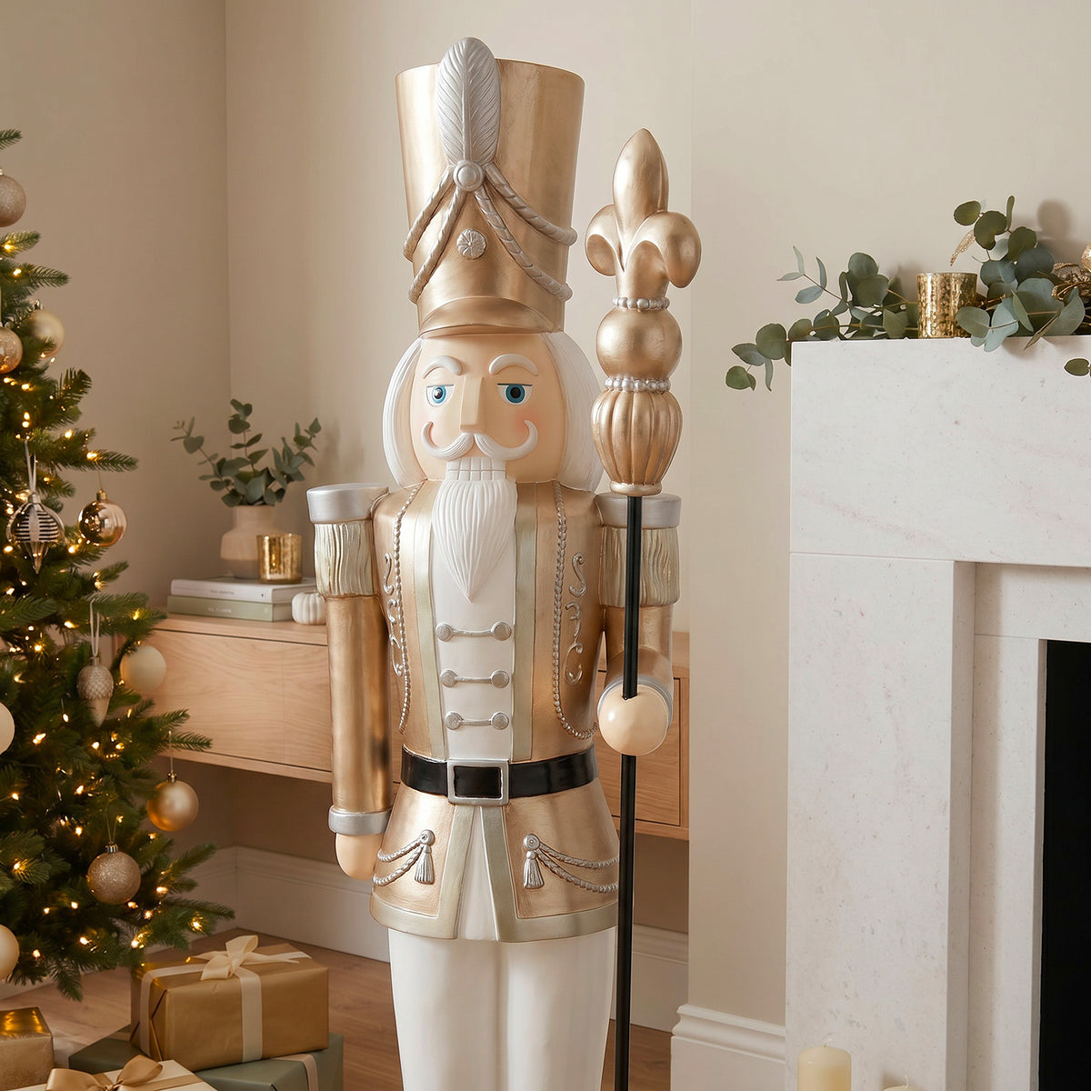 5ft Large Traditional Christmas Nutcracker Soldier Champagne Gold and White with LED Lights