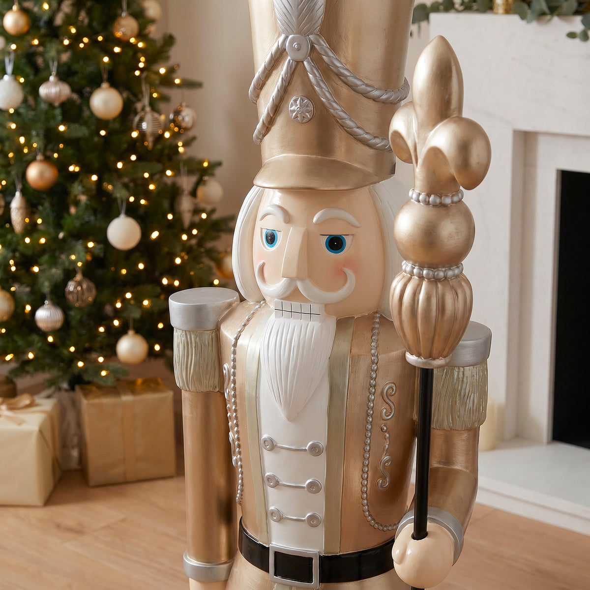 5ft Large Traditional Christmas Nutcracker Soldier Champagne Gold and White with LED Lights