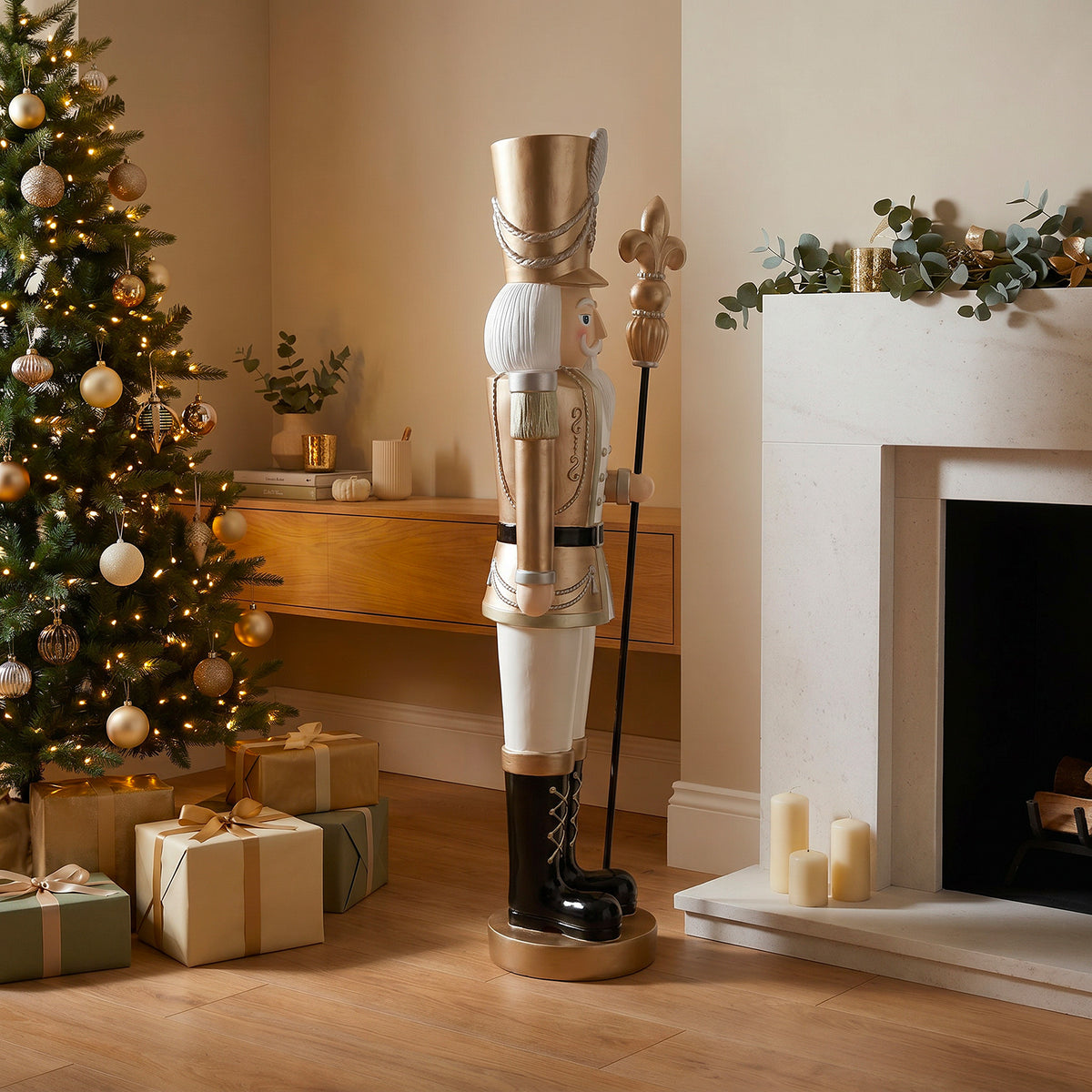5ft Large Traditional Christmas Nutcracker Soldier Champagne Gold and White with LED Lights