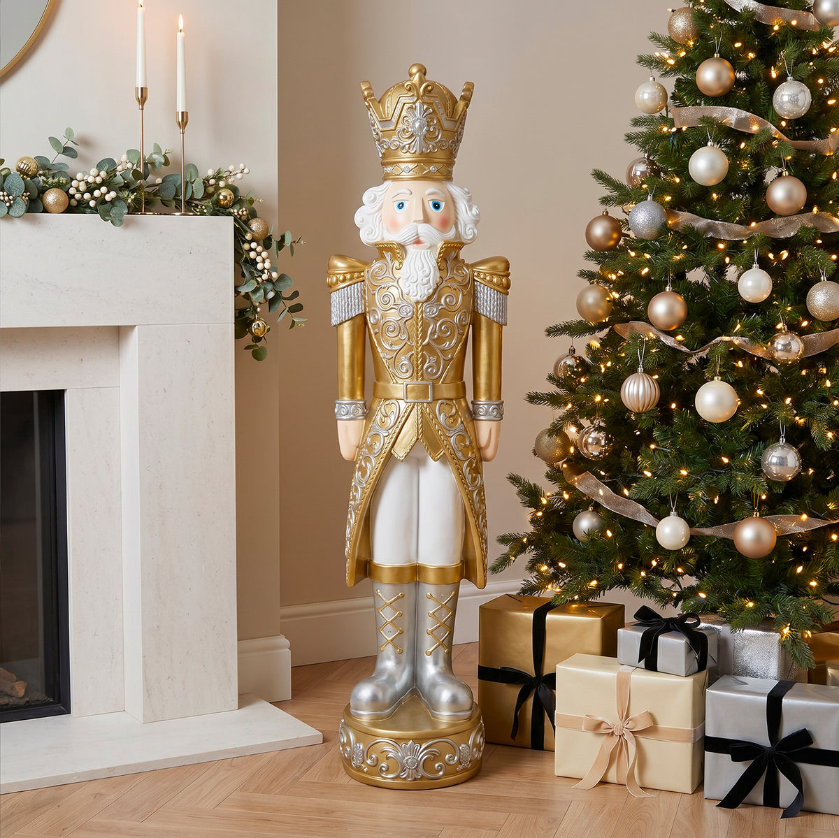 5.5ft Large Traditional Christmas Nutcracker Soldier Matt Gold and Silver with LED Lights