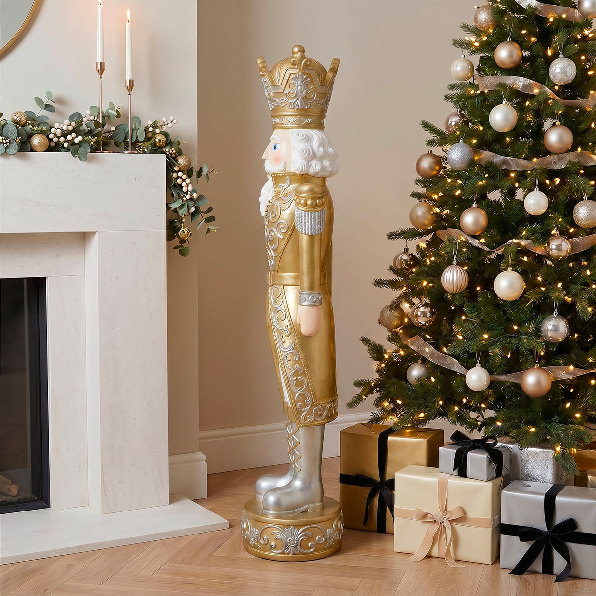 5.5ft Large Traditional Christmas Nutcracker Soldier Matt Gold and Silver with LED Lights