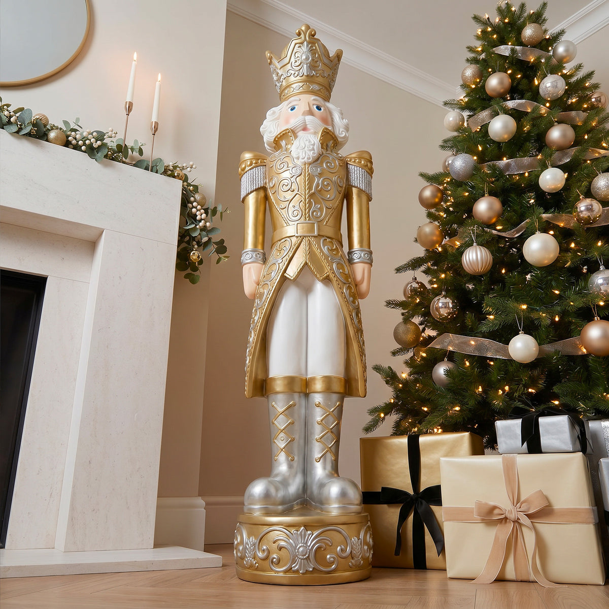 5.5ft Large Traditional Christmas Nutcracker Soldier Matt Gold and Silver with LED Lights