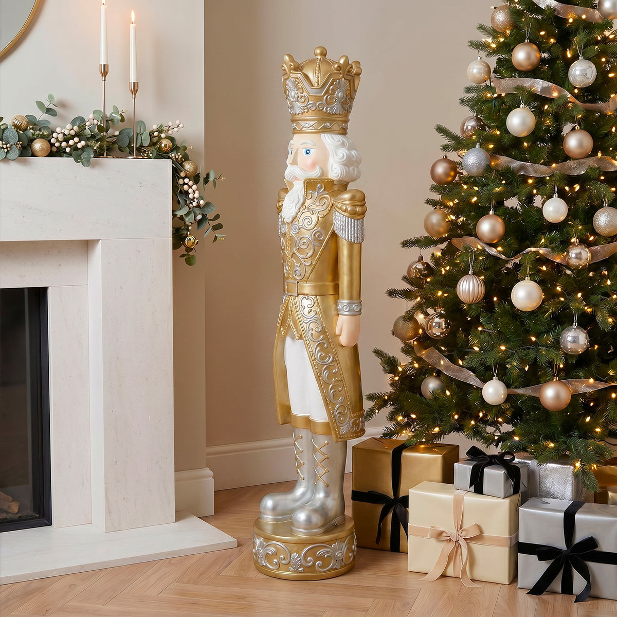 5.5ft Large Traditional Christmas Nutcracker Soldier Matt Gold and Silver with LED Lights