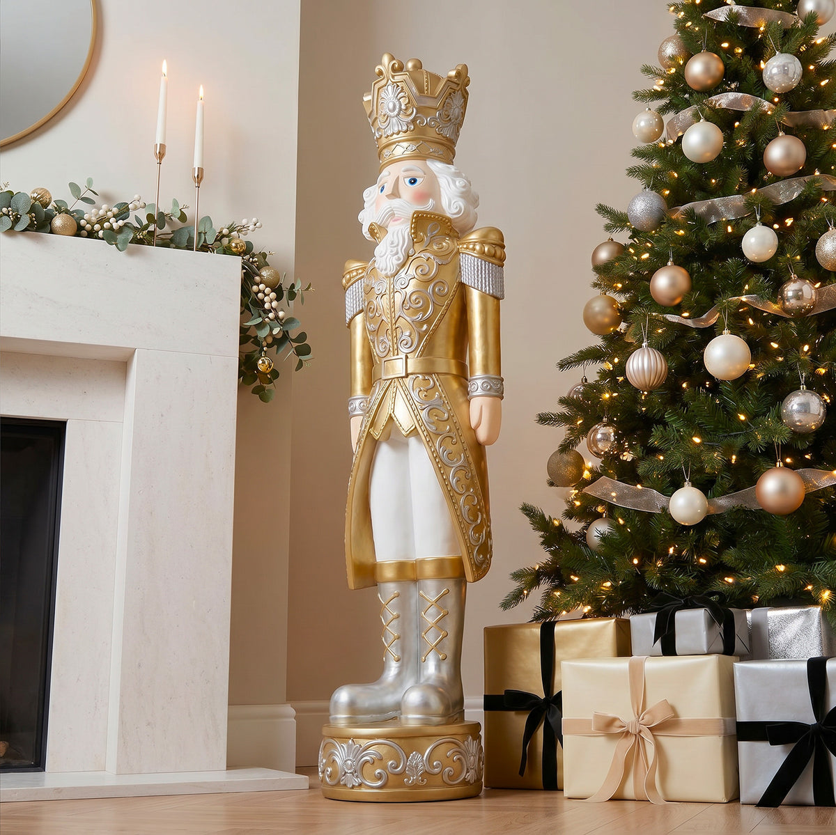 5.5ft Large Traditional Christmas Nutcracker Soldier Matt Gold and Silver with LED Lights