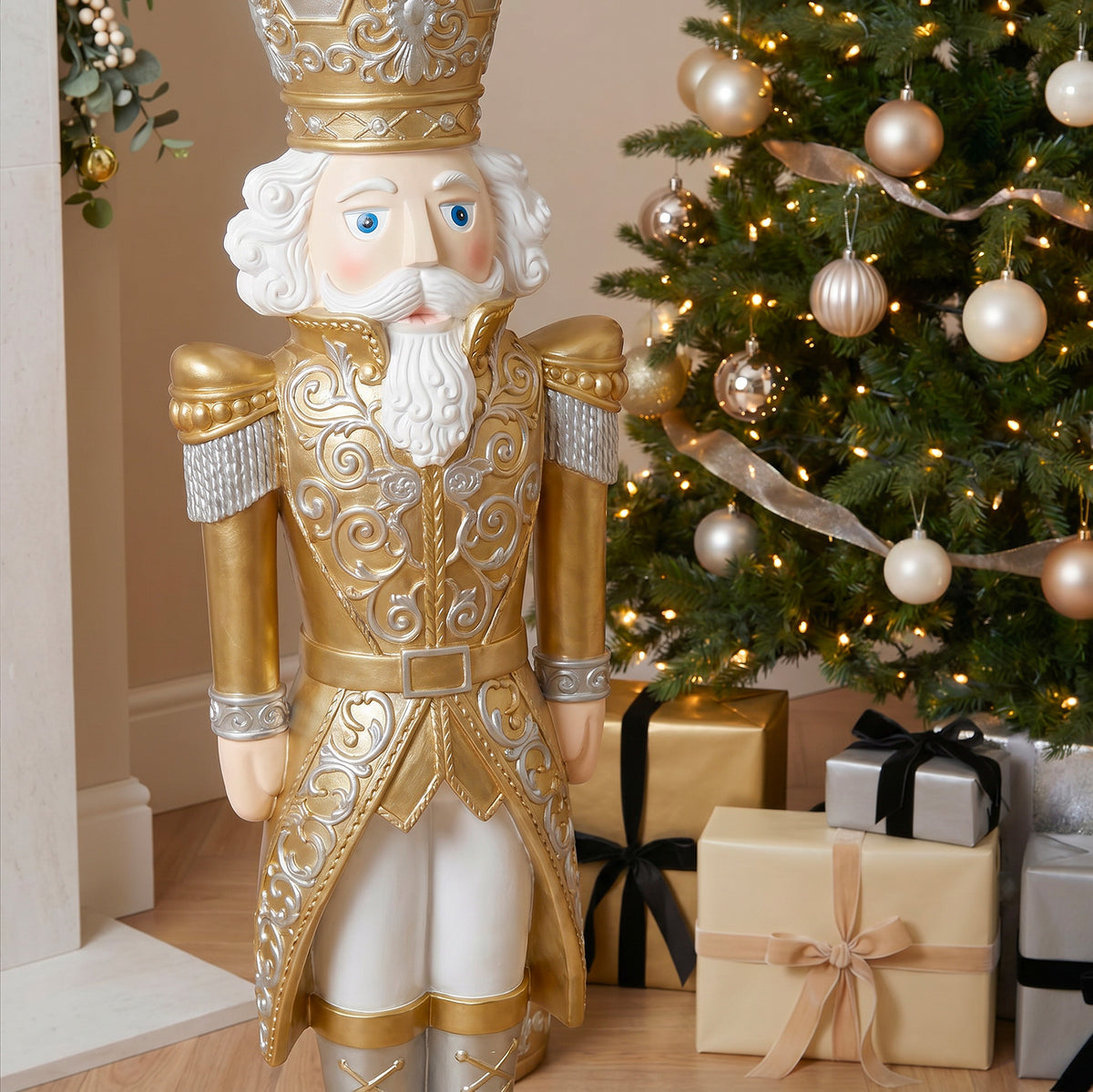5.5ft Large Traditional Christmas Nutcracker Soldier Matt Gold and Silver with LED Lights