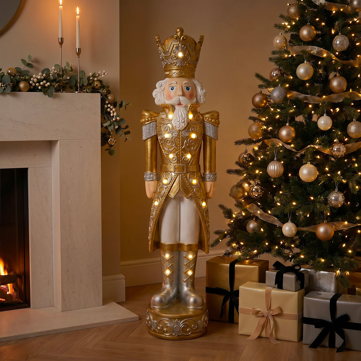 5.5ft Large Traditional Christmas Nutcracker Soldier Matt Gold and Silver with LED Lights